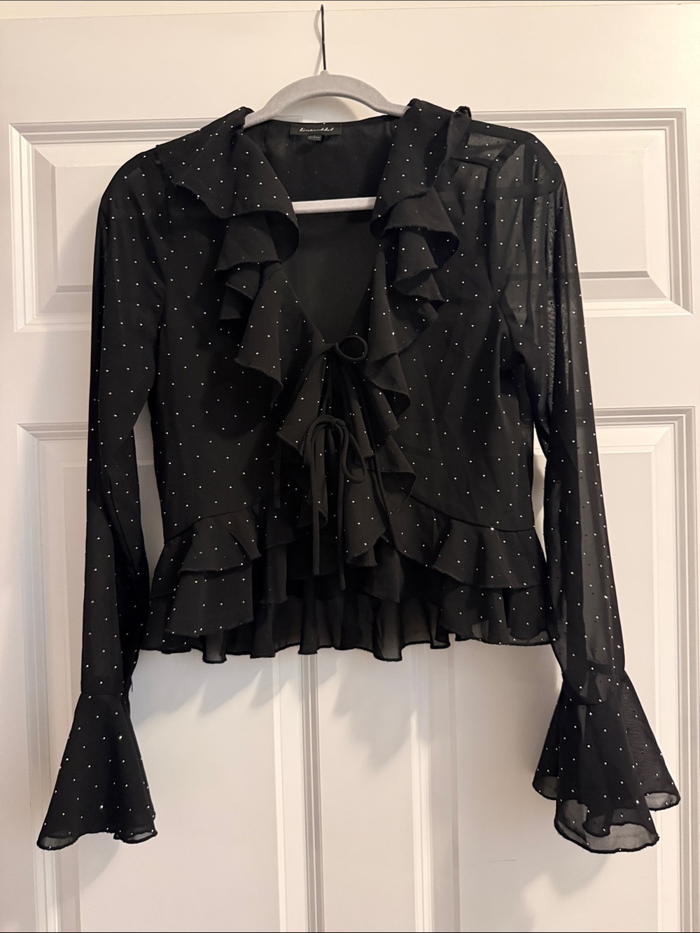 Black Ruffled Polka Dot Sheer Tie-Front Blouse